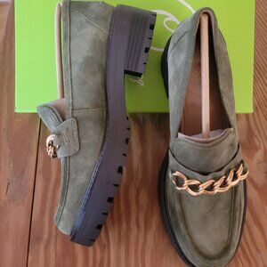 Sam Edelman Olive Green Suede Chain-Trim Loafers